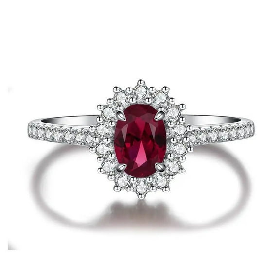Oval-Cut Lab-Created Ruby & Moissanite Halo Engagement Ring in 925 Sterling Silver – Timeless, Elegant, and Sparkling Jewelry for Women