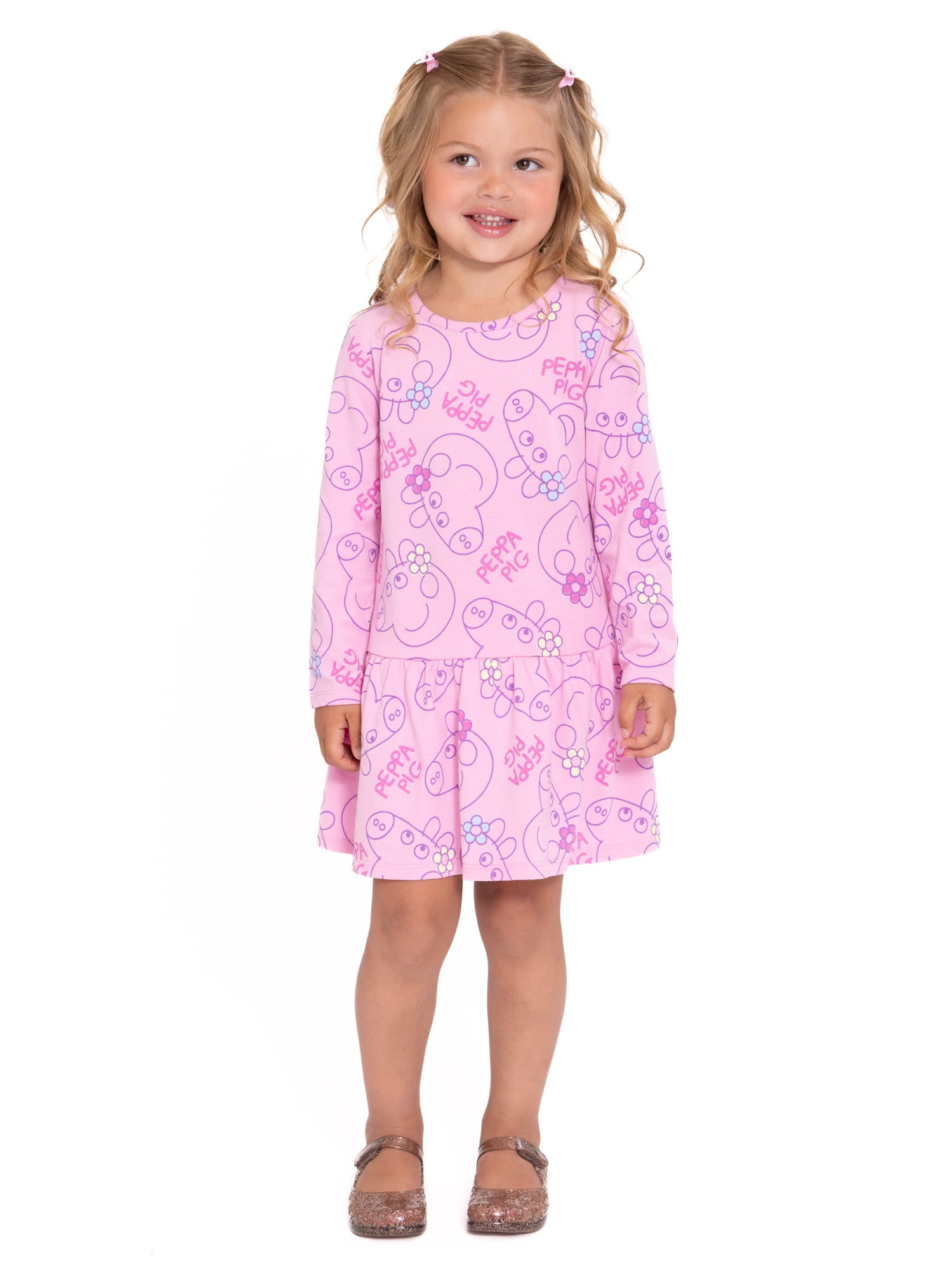 Peppa Pig Toddler Girl Long Sleeve Drop Waist All Over Print Dress, Sizes 12M-5T