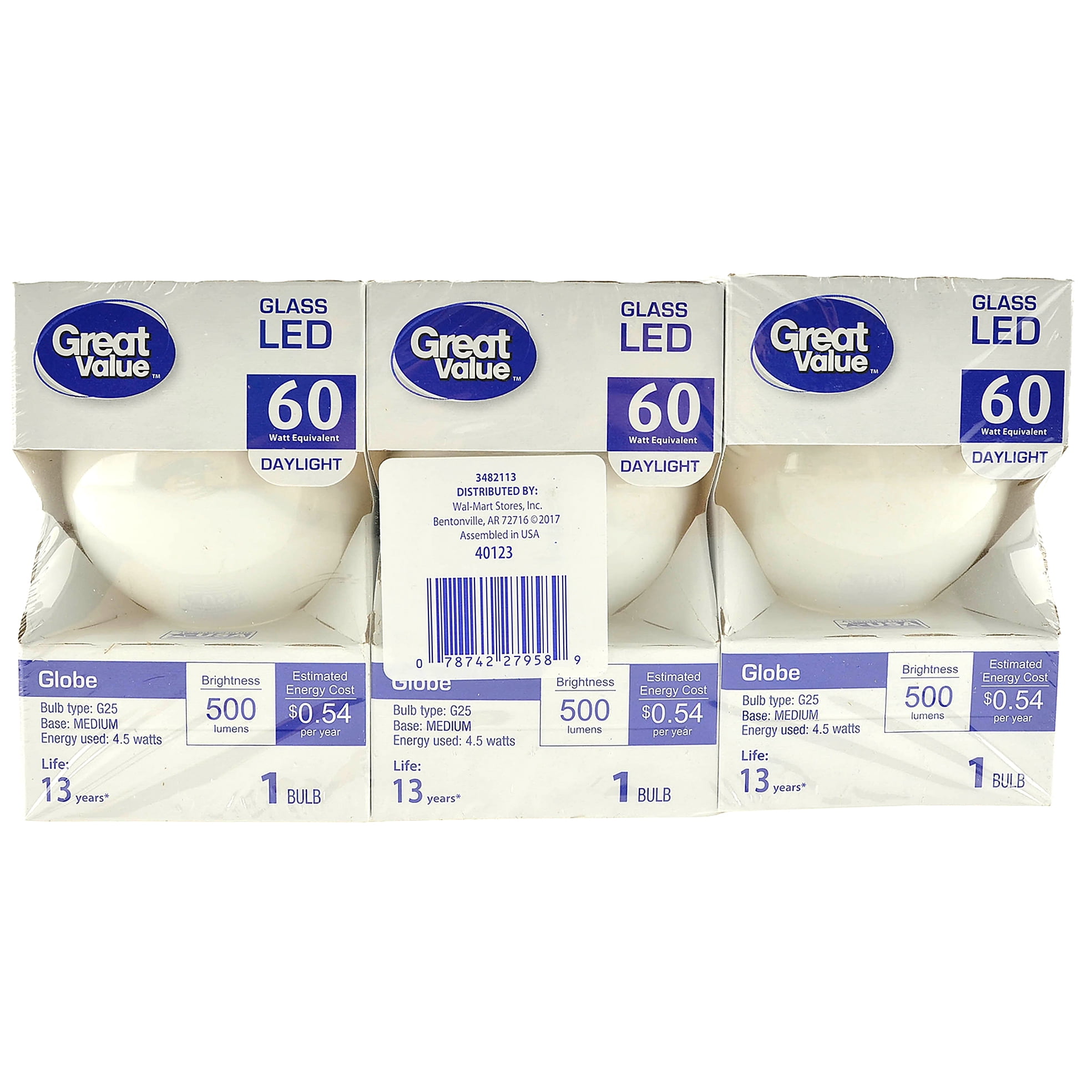 Great Value Glass Globe LED Light Bulb, Daylight, Dimmable, 5W (60W Equivalent), 3 Count
