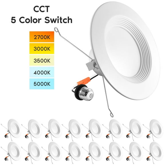 Luxrite 5/6 inch LED Recessed Retrofit Downlight, 14W=90W, 5 Color Selectable, Dimmable, 1100 Lumens, Wet Rated, Baffle Trim 16-Pack