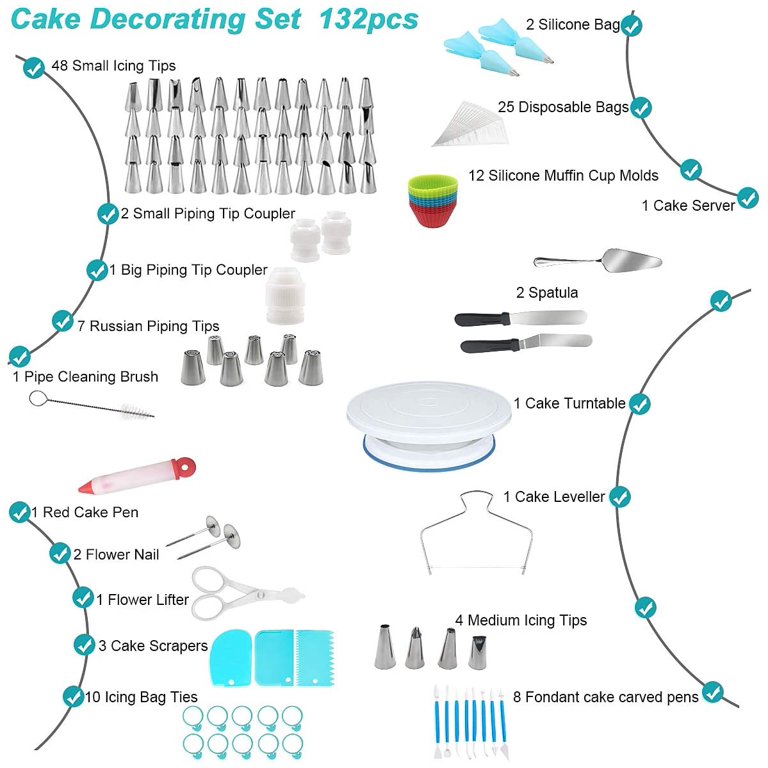 Cake Decorating Kit,132Pcs Cake Decorating Tools with Cake Turntable Stand  Icing Piping Bags and Tips Set Baking Supplies Set for Beginner and  Cake-Lover 