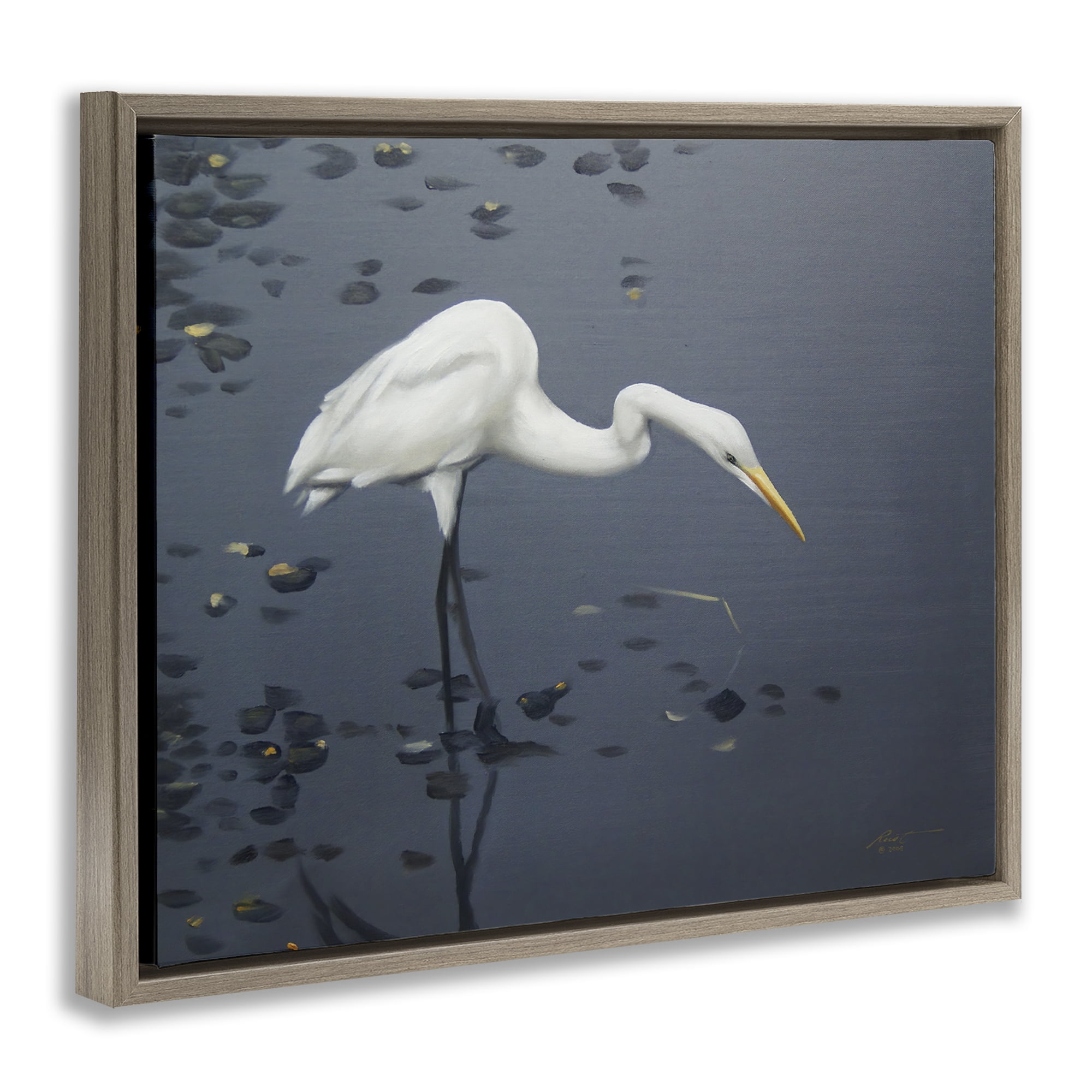 Stupell Industries Graceful Egret in Lake Animals & Insects Painting Brown Floater Framed Canvas Art Print Wall Art, 21 x 17