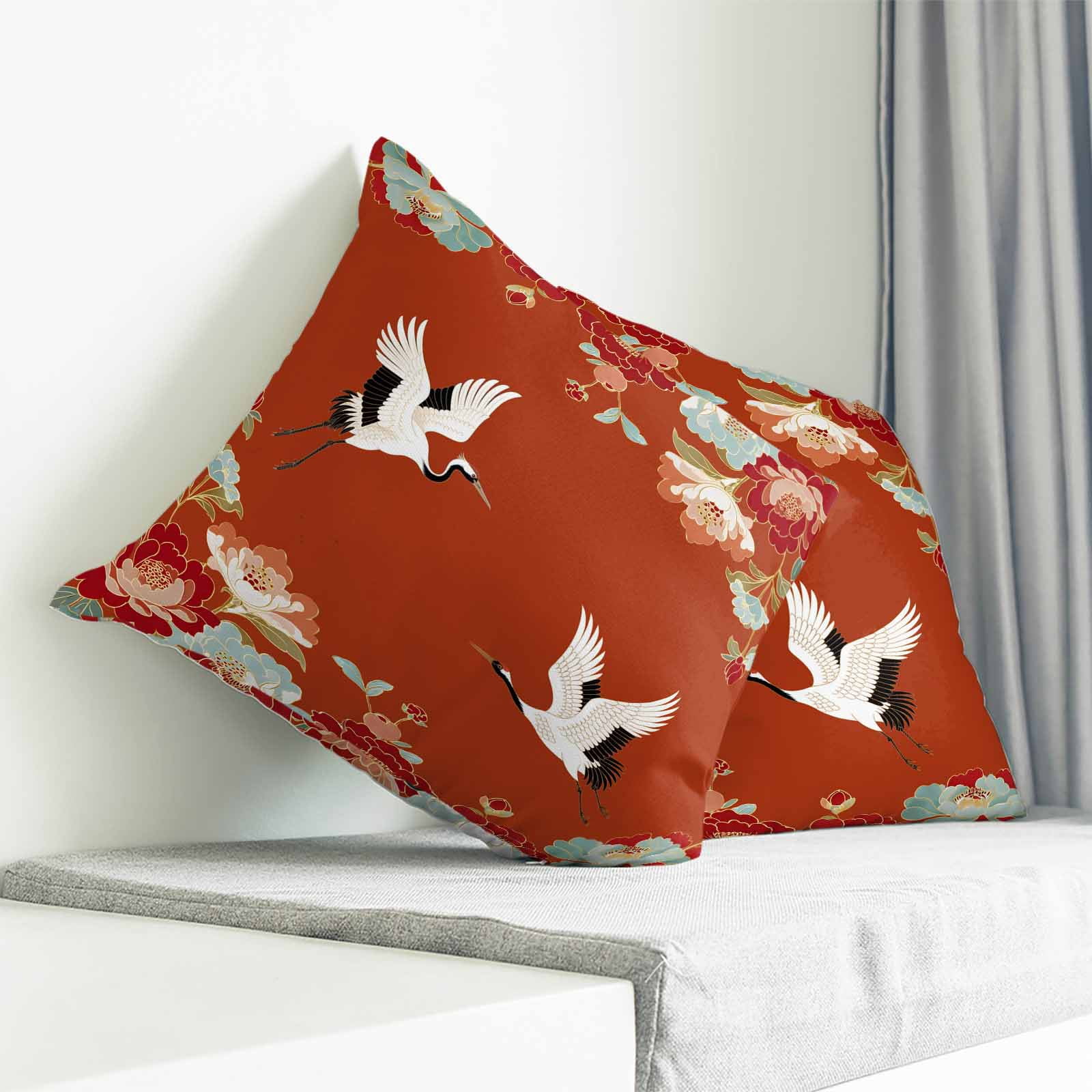 Throw Pillow Covers 26x26 Inch, Red Crane Decorative Pillow Cases for Couch Sofa Bed, Vintage Red Teal Spring Floral Botanical Cotton Linen Square Home Decor Pillowcases with Hidden Zipper