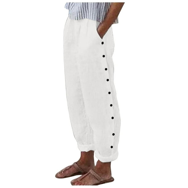 Pantalones lisos con botones para mujer: pantalones de cintura alta y pierna ancha, pantalones elásticos con cordón, poliéster, informales/oficina/fiesta, primavera/verano/otoño