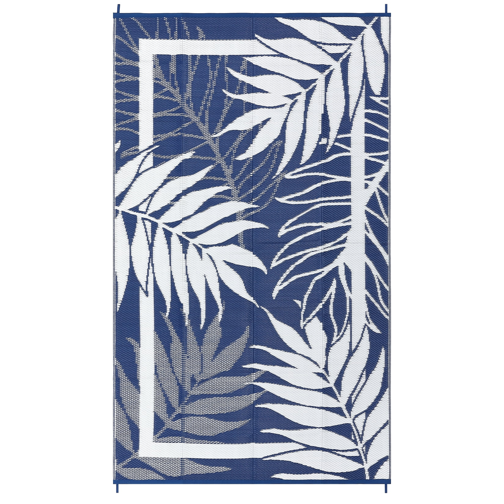 Nanan 9'x12' Outdoor Rug, Modern Leaf Print Waterproof Patio Rug, Outdoor Reversible Plastic Straw Rug for Camping, Deck, Bench, Picnic, RV, Dark Blue