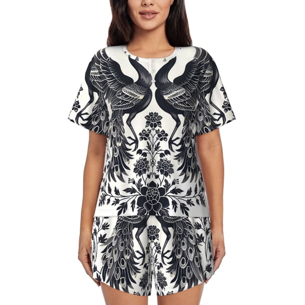 Balery Artistic Black White Peacocks Conjunto de Pijama para Mujer con Estampado, Dos Piezas de Manga Corta y Shorts, Ropa de Dormir Suave con Cuello Redondo y Bolsillos-Large