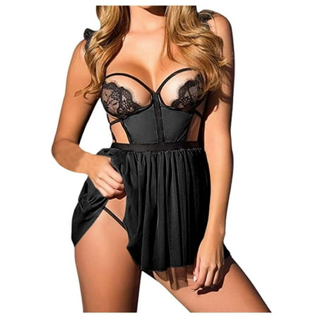 Yuhangmm Womens Sheer Lace Lingerie With Open Back Straps Seductive Sleep Dress Nightwear plus Size Lingerie for Women with Robe