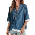 thumbnail image 4 of Mujeres manga corta de verano Tops imitación bordado V-cuello hebilla cinco cuartos de manga blusa, primavera en verano casual moda superior, 4 of 8