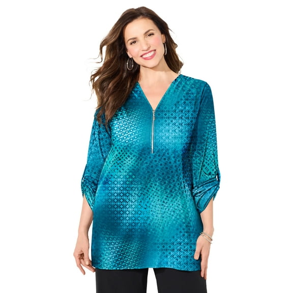 Catherines Women's Plus Size Petite Dream Drape Zip V-Neck Top
