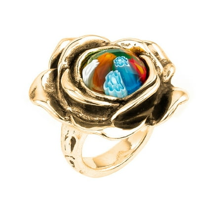 Murano Millefiori Flower Ring - Multi Color Millefiori Faceted Small Flower Ring Gold-Tone Plated Sterling Silver