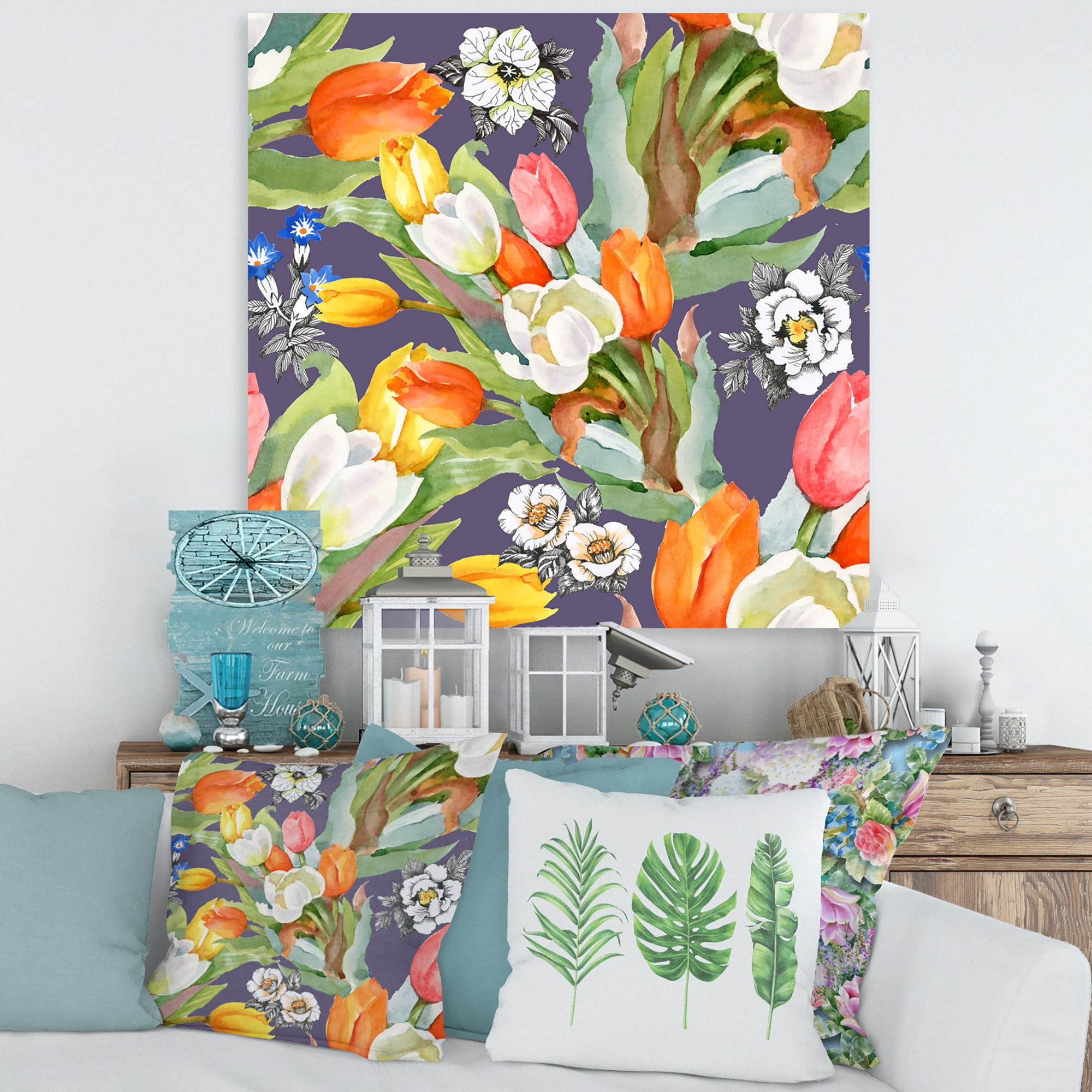 Designart ' Blooming Orange and White Tulips III ' Traditional Canvas Wall Art Print