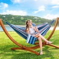 thumbnail image 3 of SUNCREAT Outdoor Hammock with Stand Included, Portable Hammock with 10 ft Wooden Stand, Blue Stripes, 3 of 8