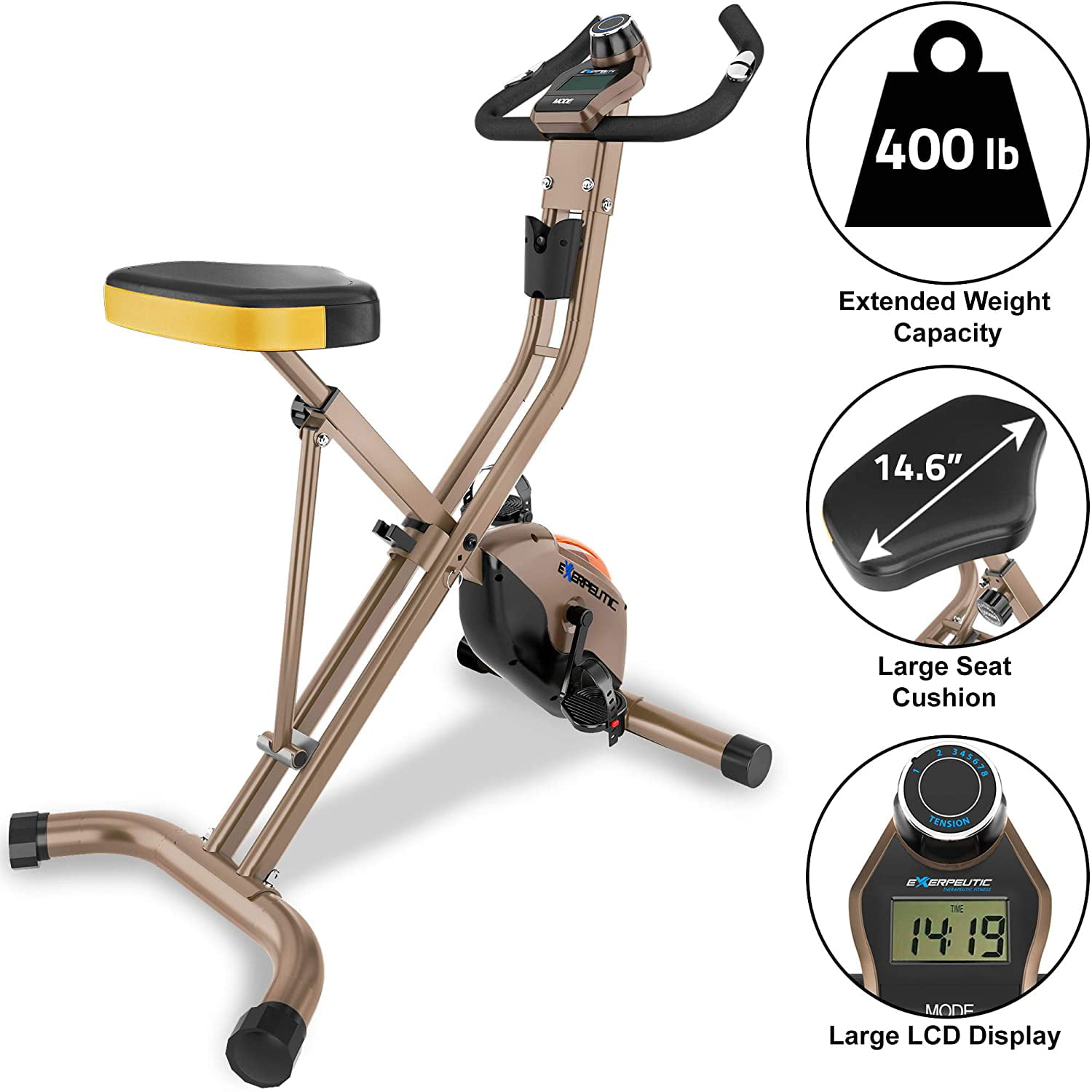 Exerpeutic Gold Heavy Duty Foldable Exercise Bike w/ 400 lbs Weight Capacity 