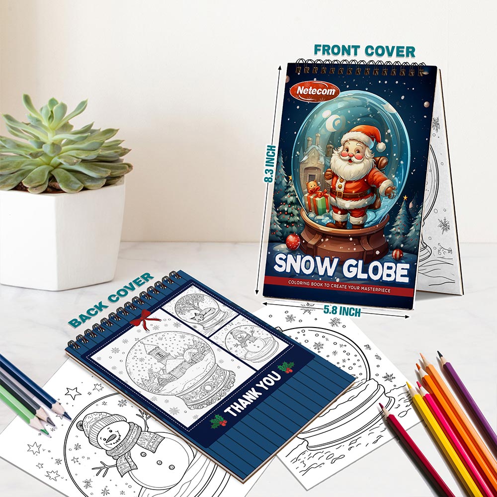 Netecom Snow Globe Coloring Book Spiral Bound for Adults, A5 Wooden Cover, 30 Magical Coloring Pages of Enchanted Winter Scenes for Stress Relief and Relaxation
