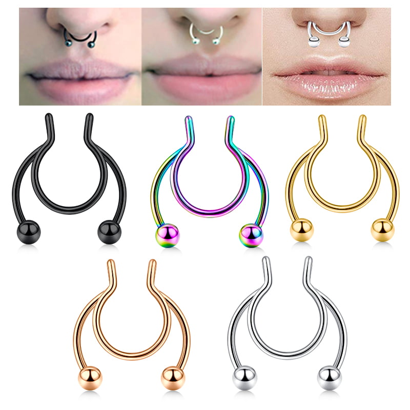 Single Simulated Opal Gold IP Septum Hanger Nose Ring For Non Piercing 