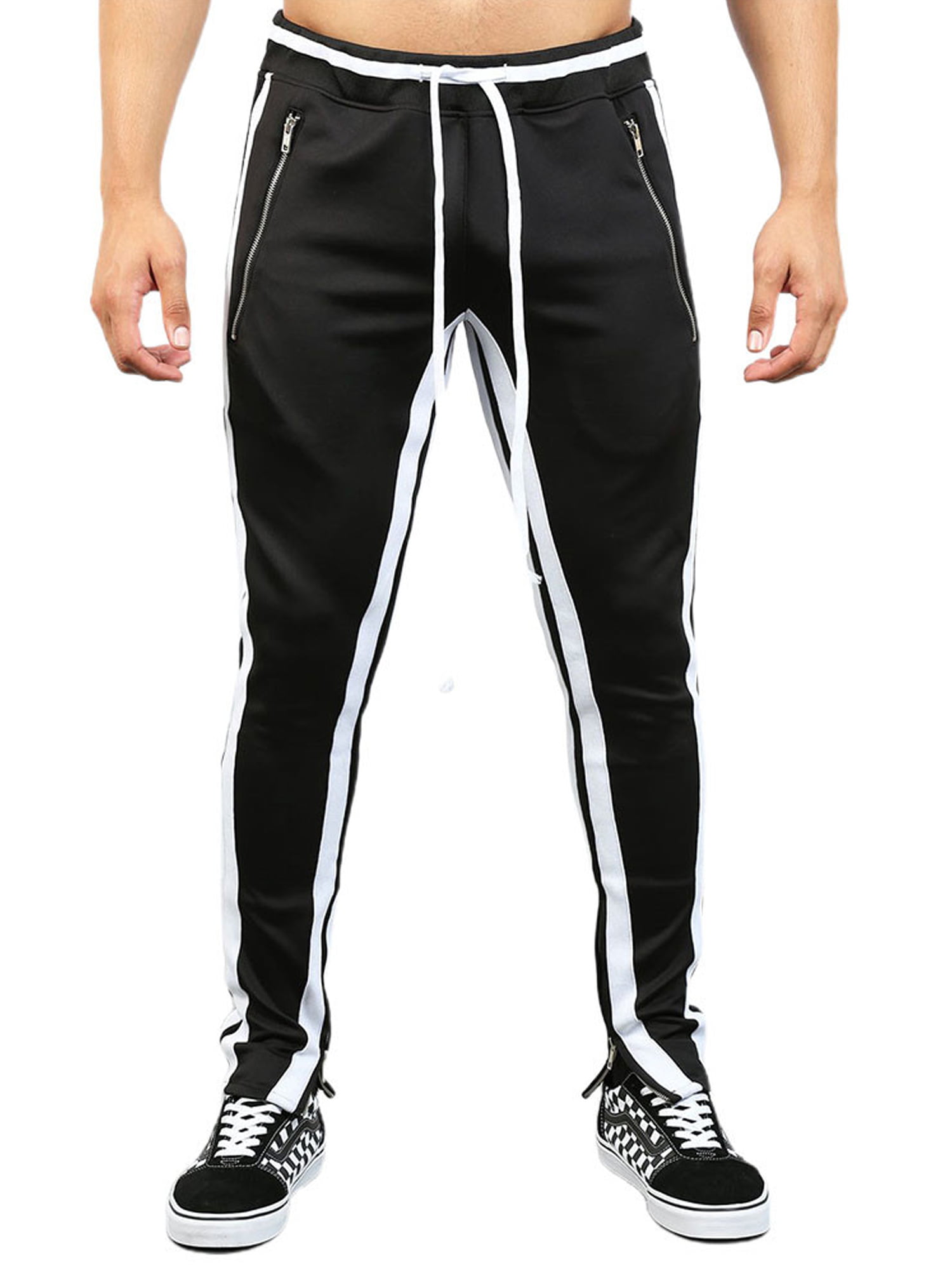 Men Drawstring Zipper Slim Pockets Pants Sports Casual Gym Jogging Long Trousers 