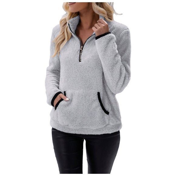 Aocisk Women Solid Color Half Zip Long Sleeve Hoodie Pullover for Casual Style Grey M