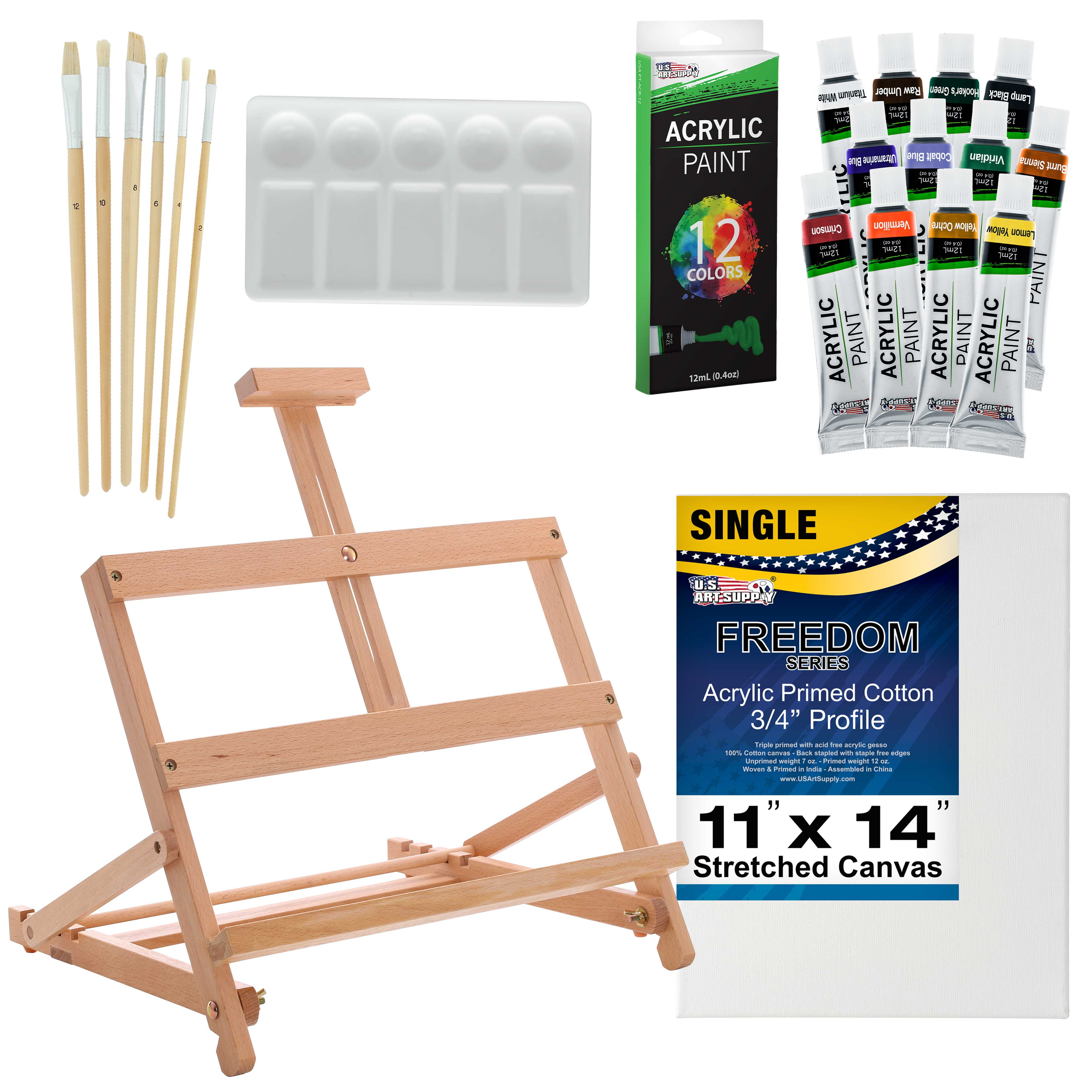 U.s. Art Supply 21-Piece Artist Acrylic Painting Set With Wooden H-Frame Studio Easel, 12 Vivid Acrylic Paint Colors, Stretched Canvas, 6 Brushes, Painting Palette - Kids Students, Adults, Starter Kit - Walmart.com