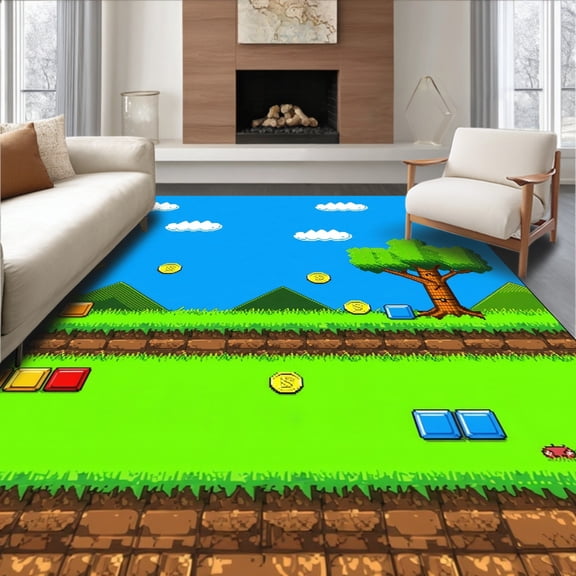 Flatwoven High Traffic Area Rug, Pixel Game World Non Slip Gaming, Non Slip, Stain Resistant, Washable Area Rugs for Living Room, Bedroom(Green, 4X6)