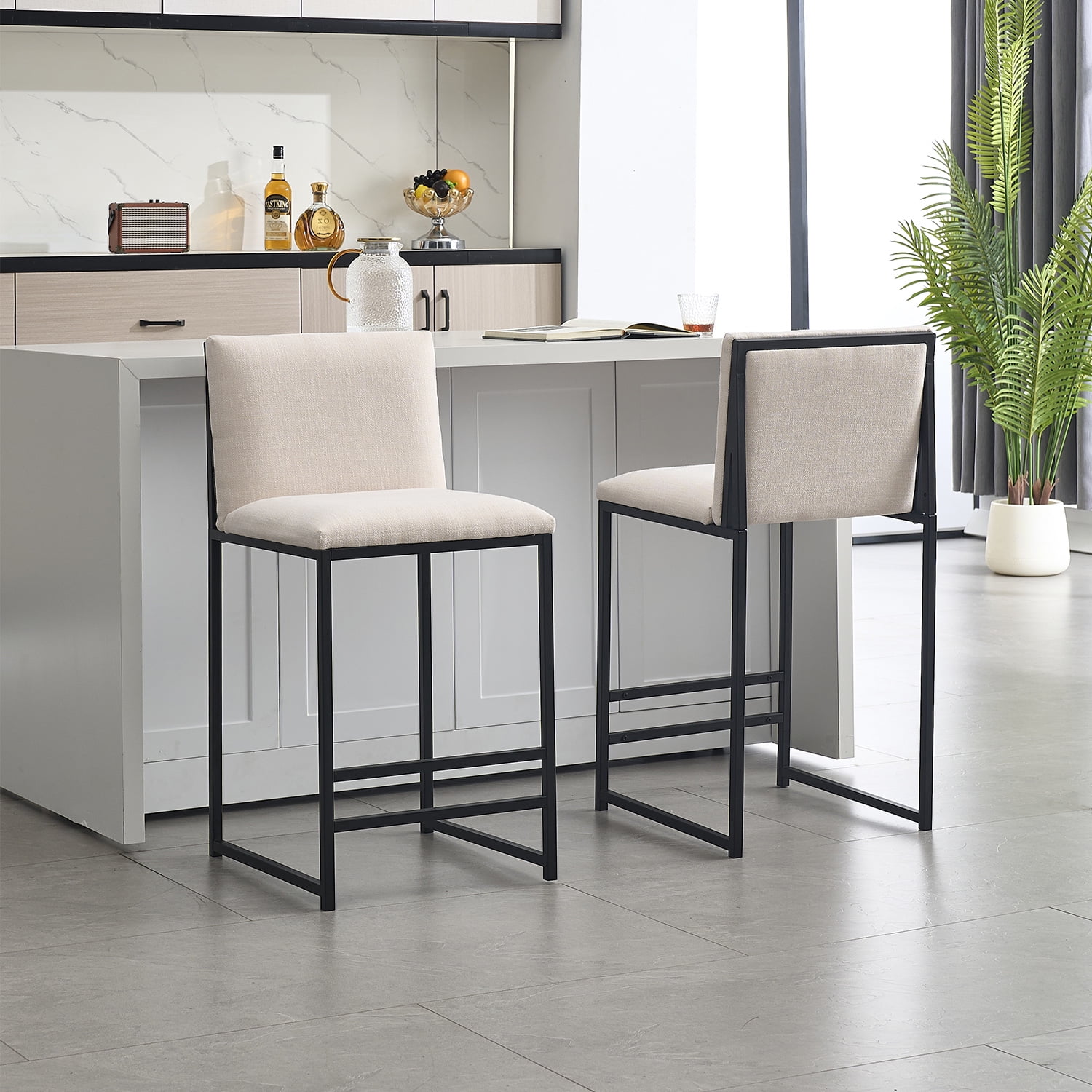 Demi Bonn 44" Counter Height Bar Stools Set of 2, Upholstered Linen Barstools with Back, Armless Kitchen Island Countertop Chairs with Metal Legs, White