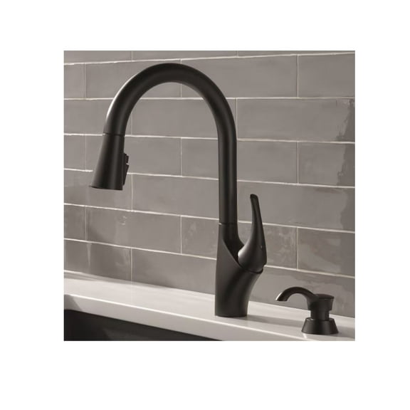 Delta Anderson Matte Black Single Handle Deck-mount Pull-down Kitchen Faucet with Sprayer ( Deck Plate Included ) (Soap Dispenser Included)
