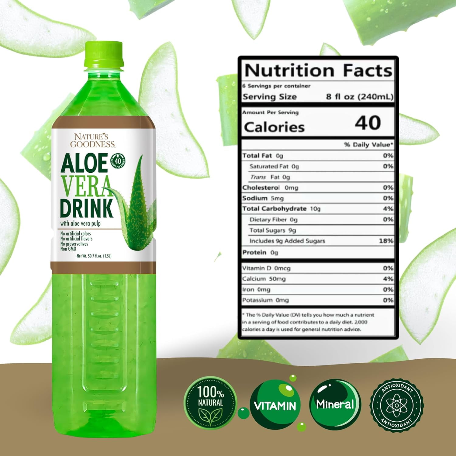 Nature's Goodness Aloe Vera Drink with Pulp -12 Pack case - 50.7 Fl Oz (1.5 L) each - total 18 Liters