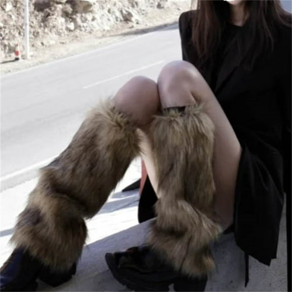 Women's Long Furry Leg warmers - Boot/Shoe Cover Style, Warm & Slimming Design for Cold Days,Khaki,A,Dailypoc