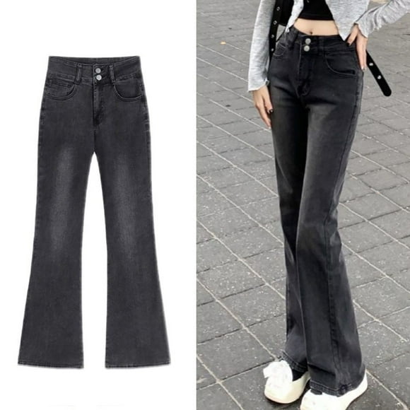 QIUOMBBP Womens Wide Leg Jeans High Waisted Double Button Denim Pants Loose Trendy Stretchy Jean Trousers, Black, XXL
