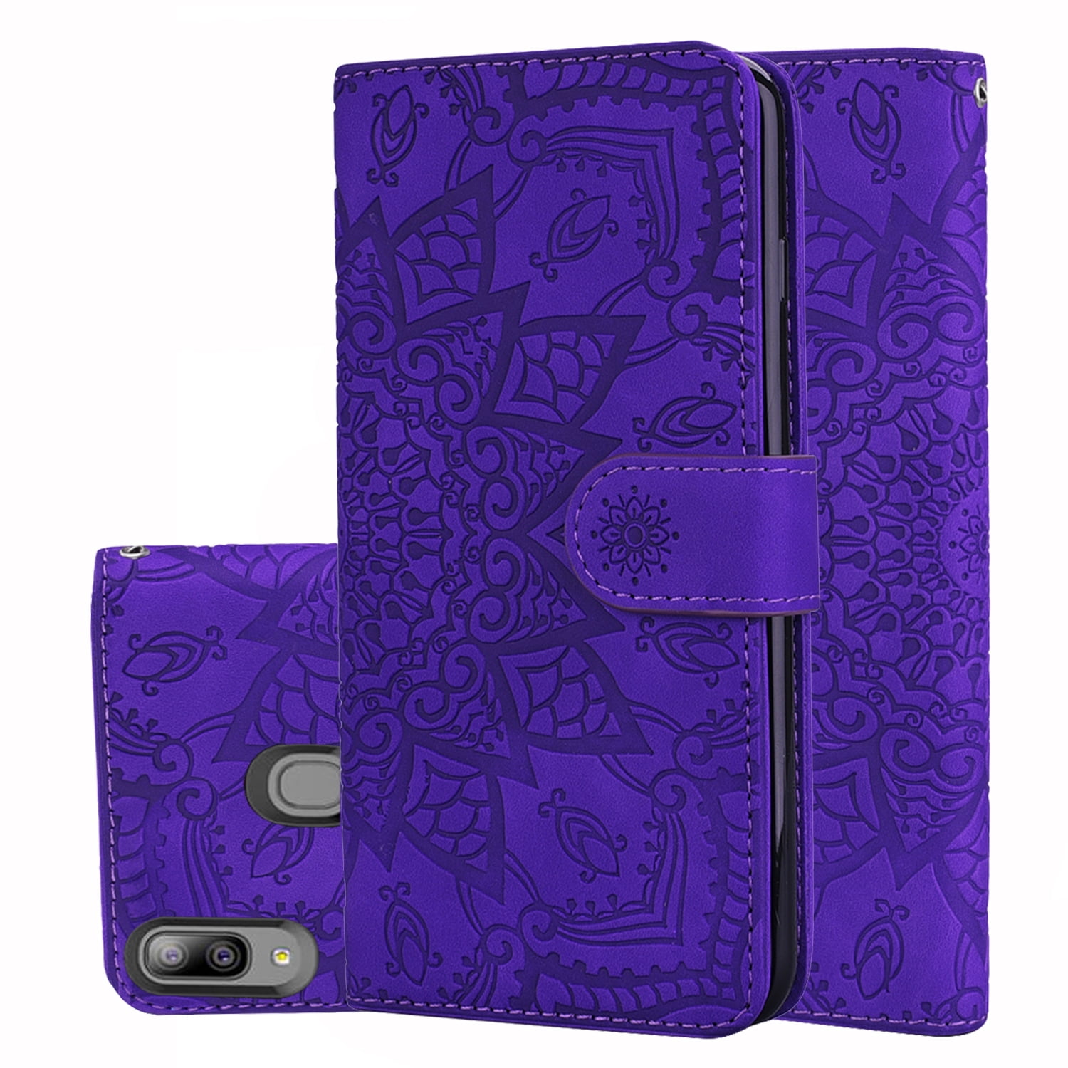 Samsung Galaxy A20e Case Shockproof PU Leather Flip Cover Notebook Wallet Case Embossed Sunflower with Magnetic Closure Stand Card Holder ID Slot Folio Soft TPU Bumper Protective Skin Purple