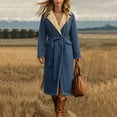 thumbnail image 2 of Zynoxe Womens Long Denim Jacket Winter Sherpa Lined Warm Lapel Drawstring Waist Open Front Western Relaxed Casual Overcoat with Pockets Blue S, 2 of 5