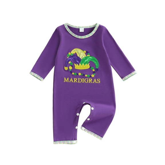 BemeyourBBs Newborn Baby Boy Girl Mardi Gras Outfits Spring Fall Winter Romper Carnival Long Sleeve Letters Circus Hat Embroidery Jumpsuit One Piece Baby Essentials Clothes