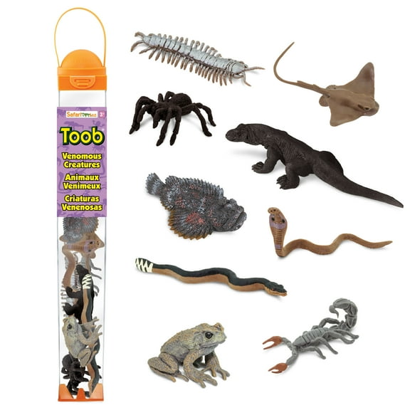 Safari Ltd. Venomous Creatures TOOB - 9 Figurines: Toad, Snake, Ray, Komodo Dragon, Tarantula, Centipede, Scorpion, Stone Fish, Cobra - Educational Toy Figures For Boys, Girls & Kids Ages 3 