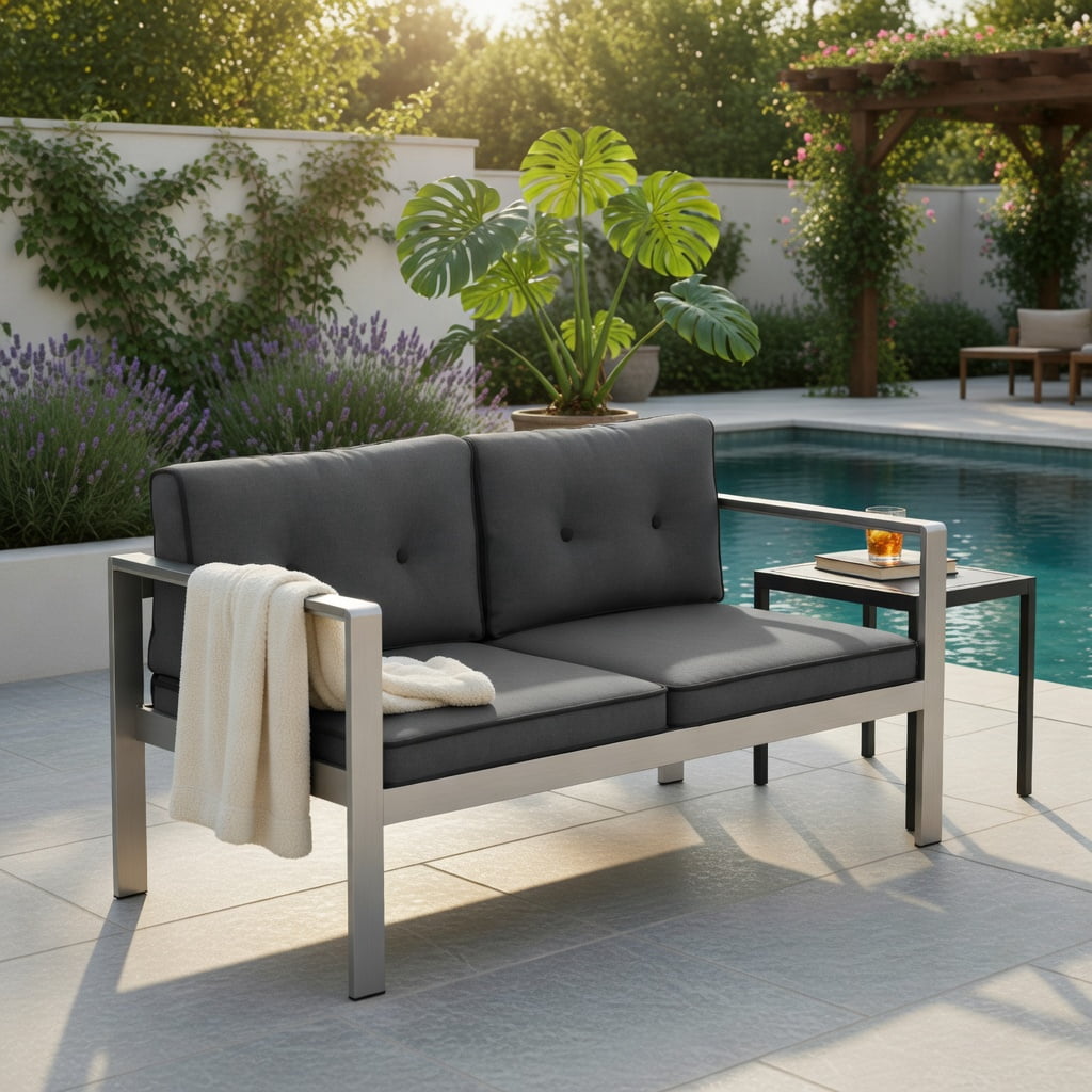 Hommoo Modern 2-Person Aluminum Outdoor Sofa Chair with WPC Armrests, Cushions & Silver Frame, All-Weather Balcony, Patio, Backyard Seating, Gray