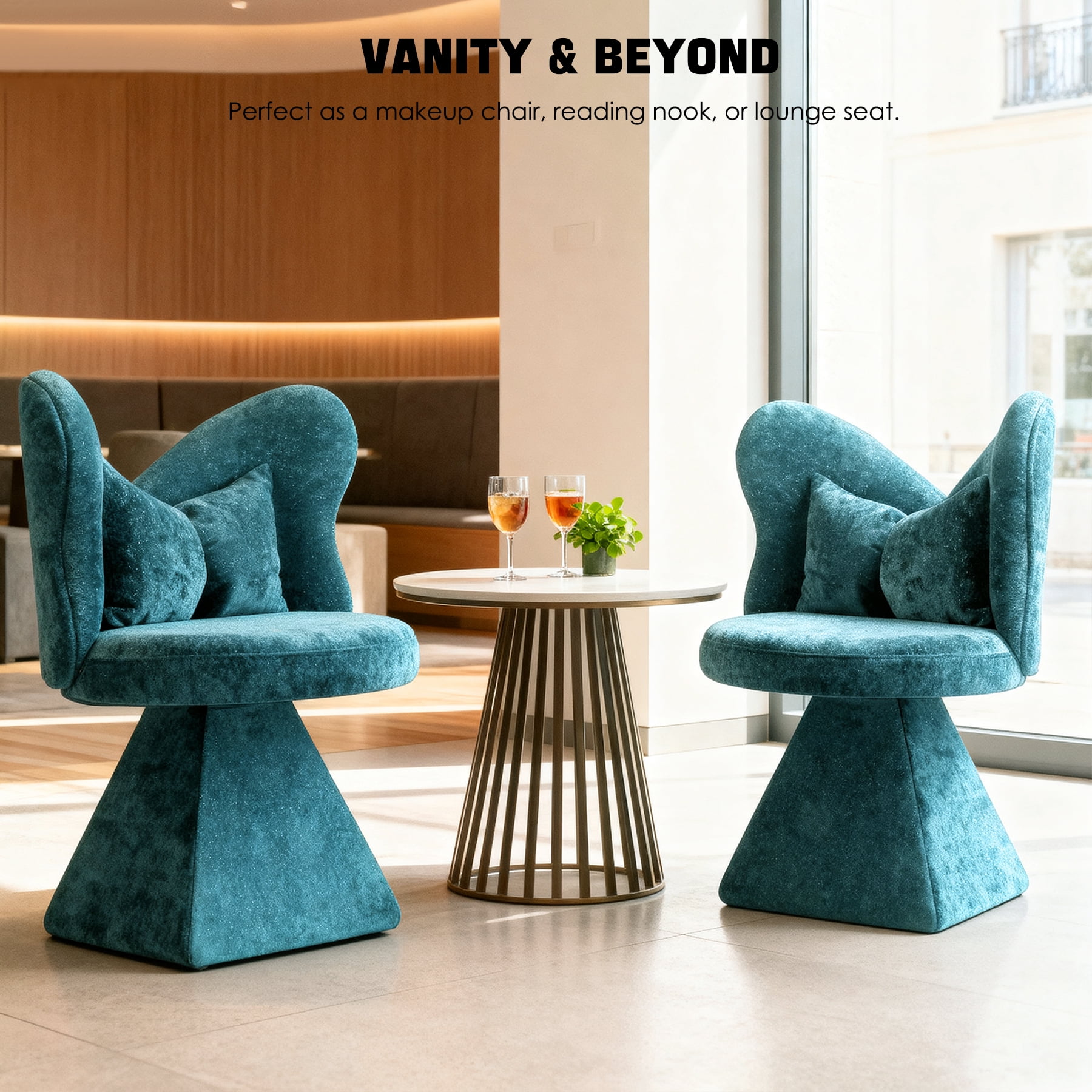 Blue Swivel Vanity Chair | 360° Rotating Makeup Chair with Butterfly Back, Chenille Velvet Accent Chair with Decorative Pillow – for Bedroom, Dressing Table, Living Room, Dining, Home Office & Study