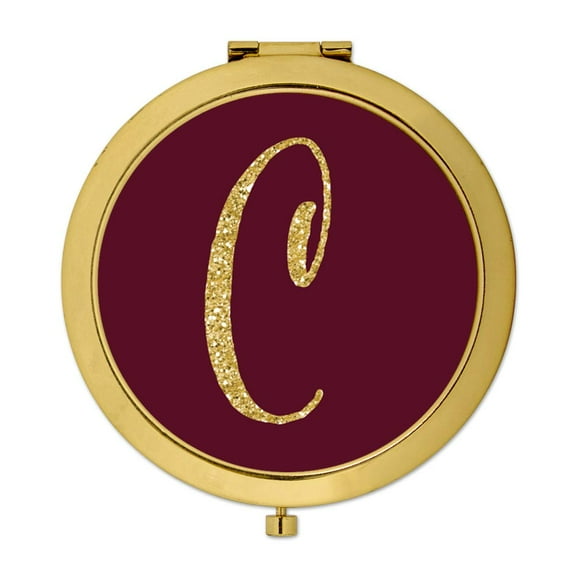 Koyal Wholesale Gold Compact Mirror Bridesmaid's Wedding Gift, Burgundy Maroon Jewel Tone , Monogram Letter C, 1-Pack