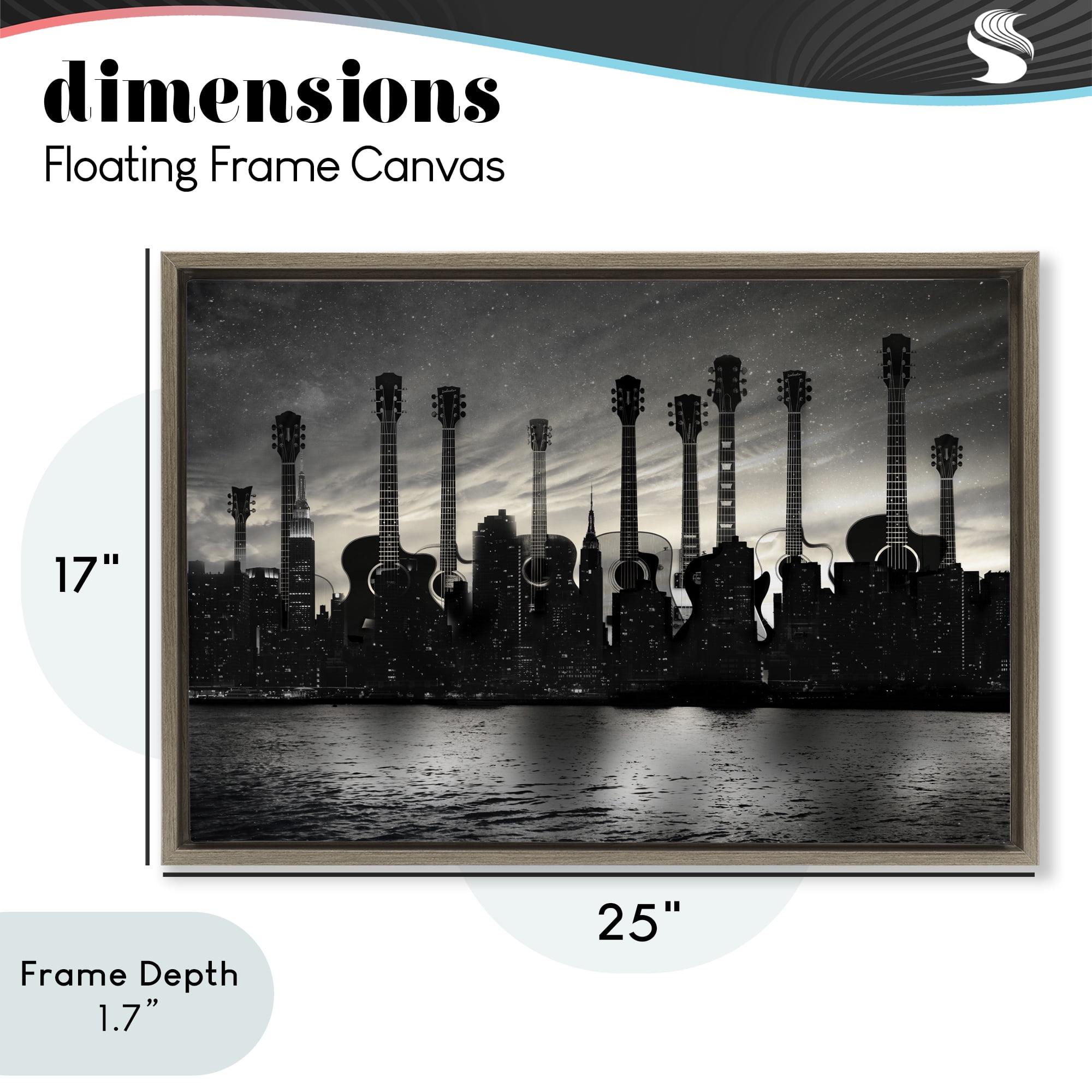Stupell Industries Guitar Skyline Cityscape Brown Framed Floater Canvas Wall Art, design by CAD Designs