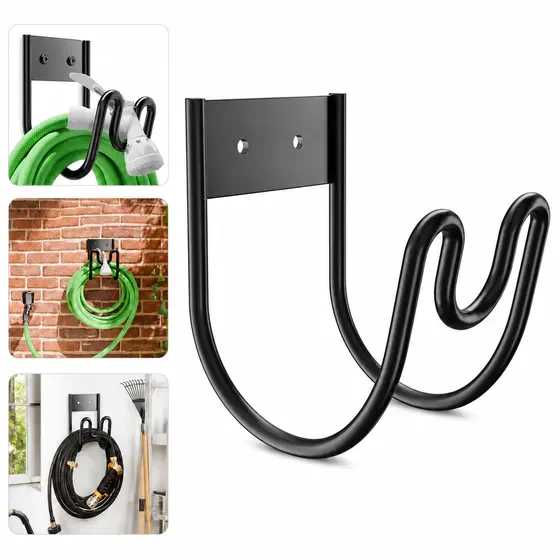 Black Metal Wall Mounted Garden Hose Holder, Heavy Duty Hose Hanger, Wall Hose Hook for Garden Water Hose, Extension Cords & Vacuum Hose, 1 Pack
