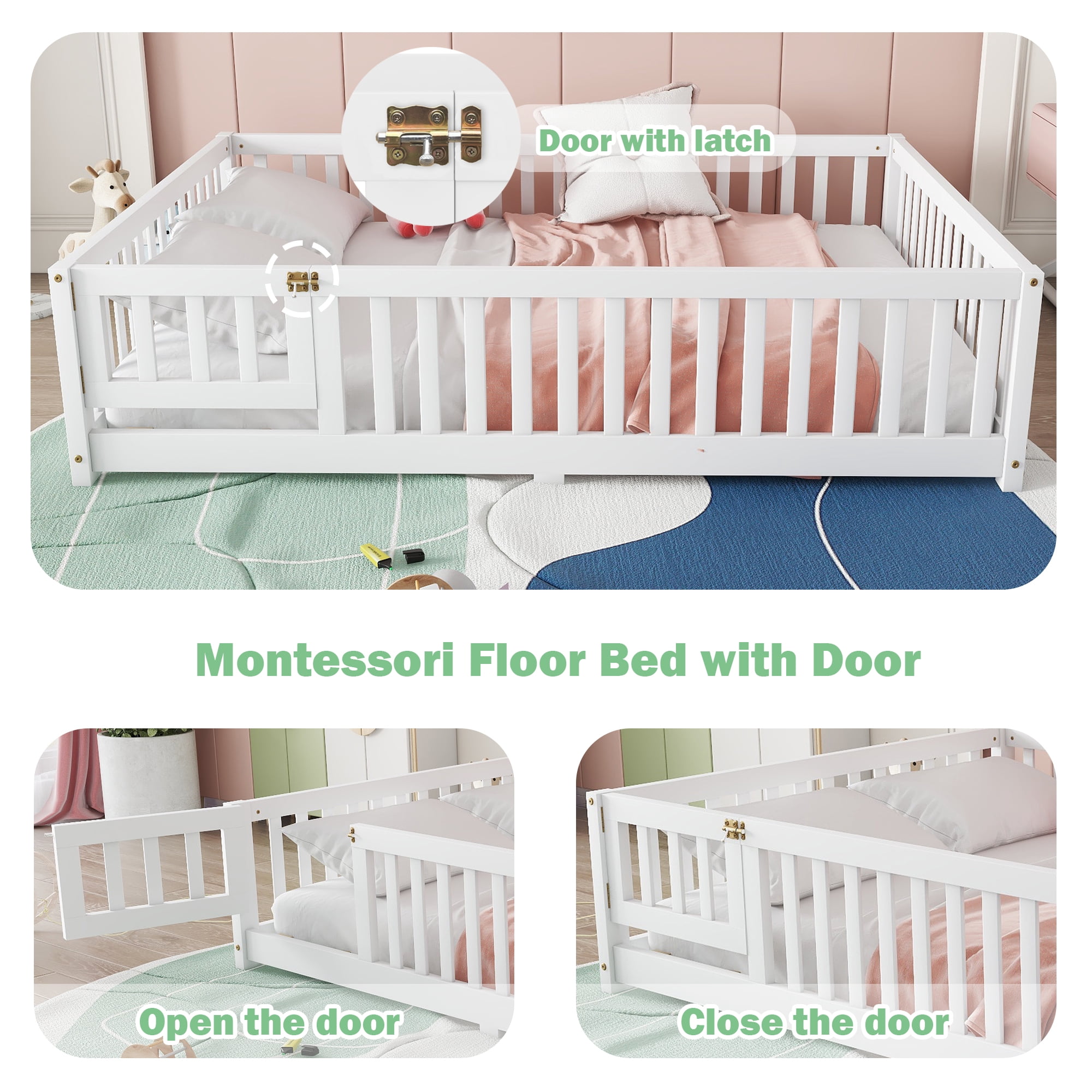 Bellemave Floor Bed with Door and Fence, Full Floor Bed with Bed Slats Sturdy Wood Floor Bed Montessori Bed Frame, Full Size Floor Bed with Fence, White