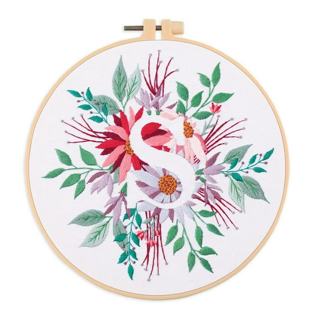 EastVita Embroidery Starter Kit for Beginners, Stamped Cross Stitch Kit with Floral Letter Pattern, DIY Embroidery Kit with Embroidery Cloth Hoops Instructions Needles Threads