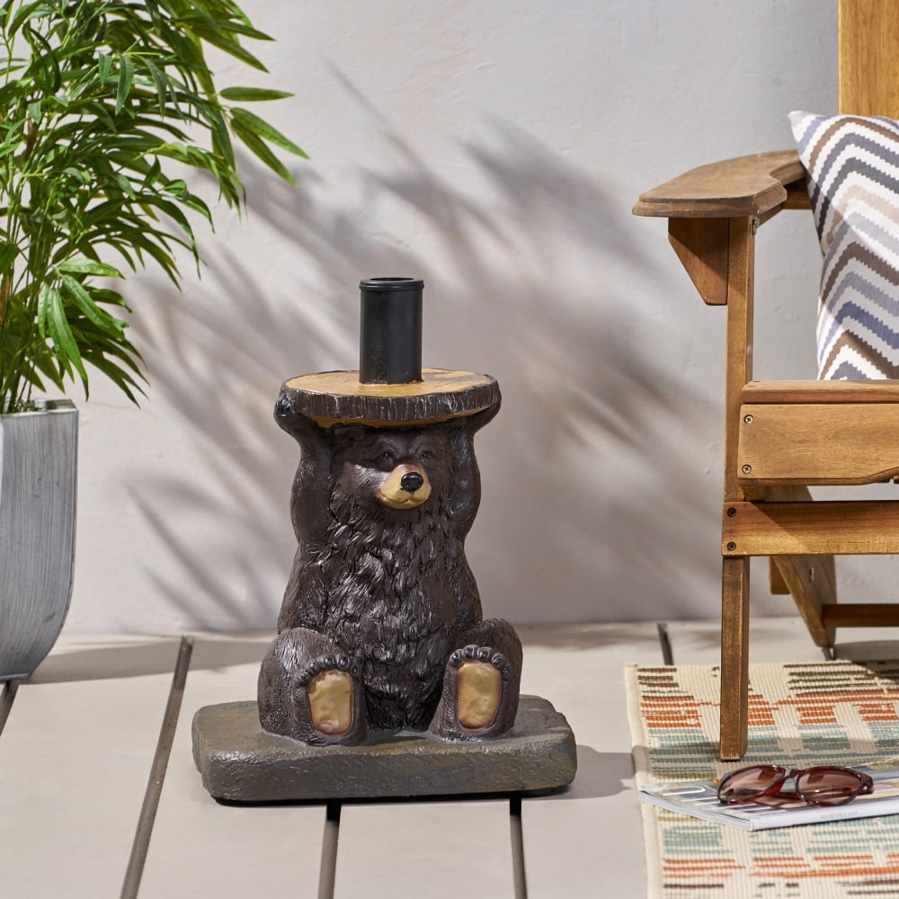 Bear Patio Umbrella Base, Lightweight Concrete with Resin Finish, Dark Brown Decorative Umbrella Stand, No Assembly Required