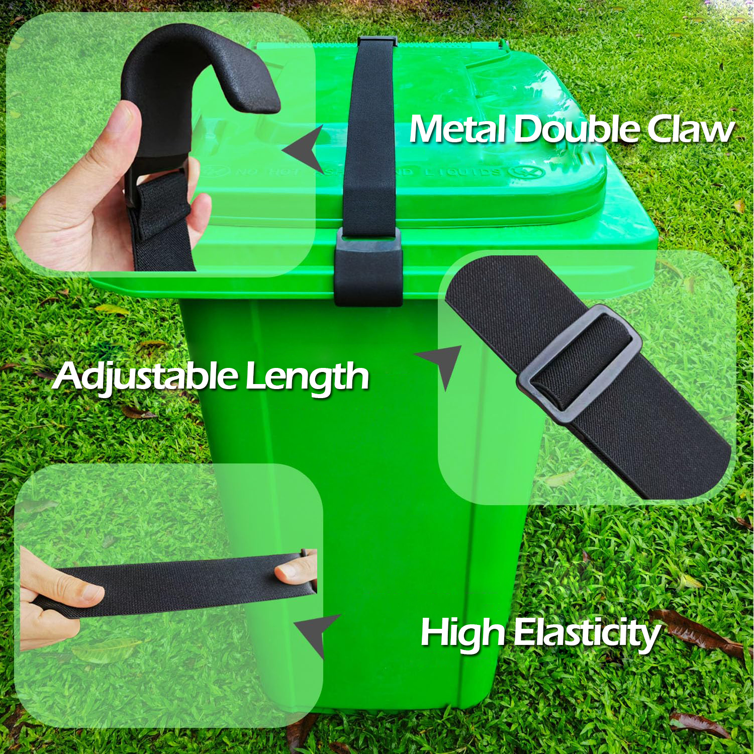 IC ICLOVER [2 Pack] Trash Can Lock for Animals/Raccoons, Metal Double Claw Garbage Lid Lock Security Strap, Outdoor Adjustable Bungee Cord Trash Can Bin Lock
