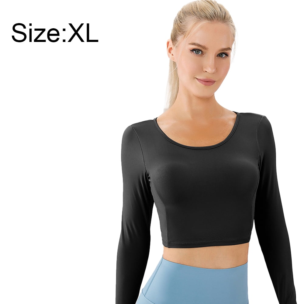 Long Sleeve Workout Shirts for Women with Built in Bra, Fitted Athletic  Running Crop Top Shirts - White