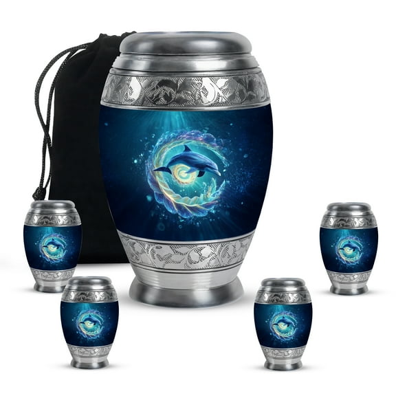 MUKTIVE Dolphin Memorial Urn for Adult Ashes, Large Ocean Blue Cremation Urns for Ashes Men & Women, Memorial Urns for Funeral, Decorative Keepsake Urn for Sister (1 Large, 4 Keepsake)
