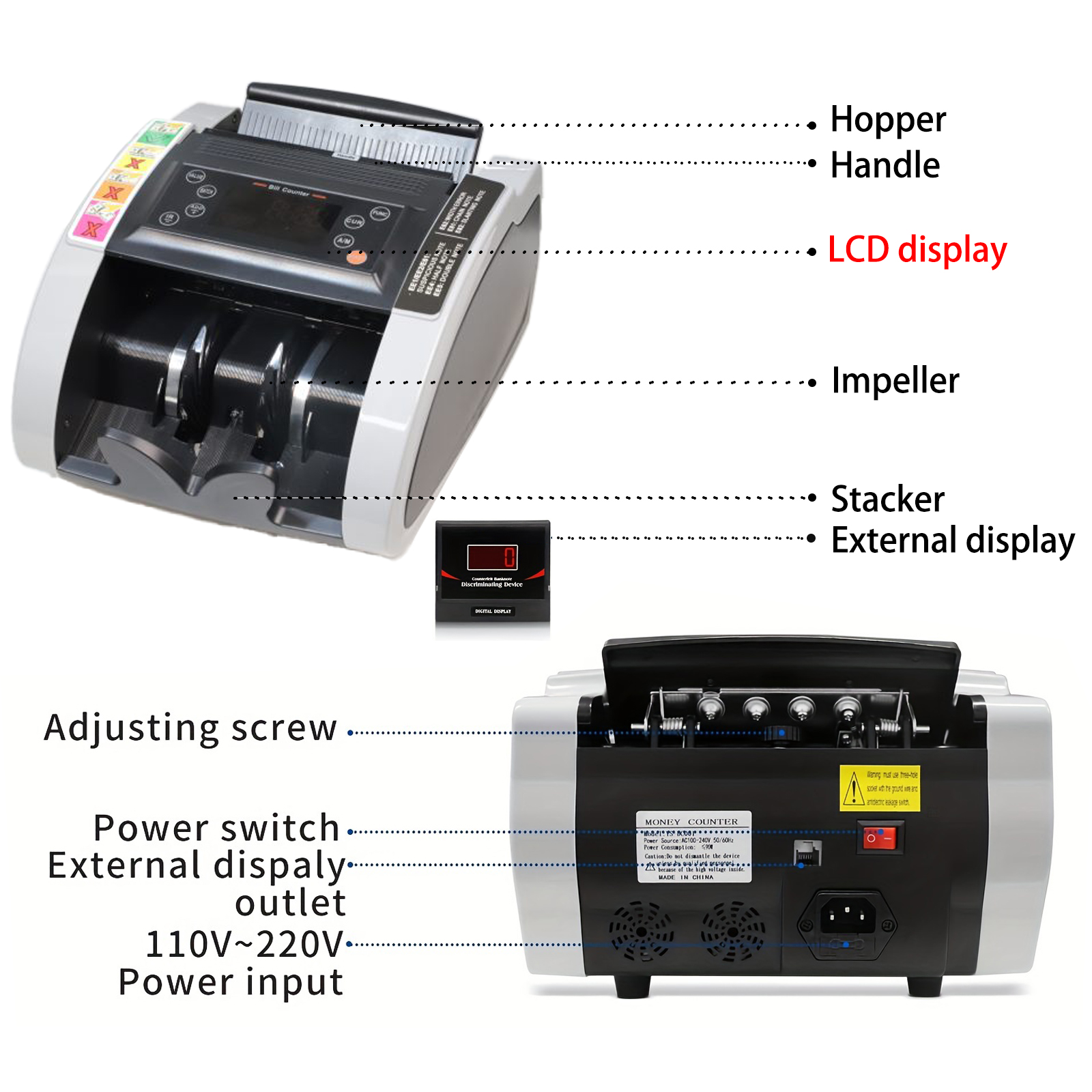 Aneken Money Counter Machine with Value Bill Count, Dollar, Euro with UV/MG/IR/DBL/HLF/CHN Counterfeit Detection, Bill Cash Counting