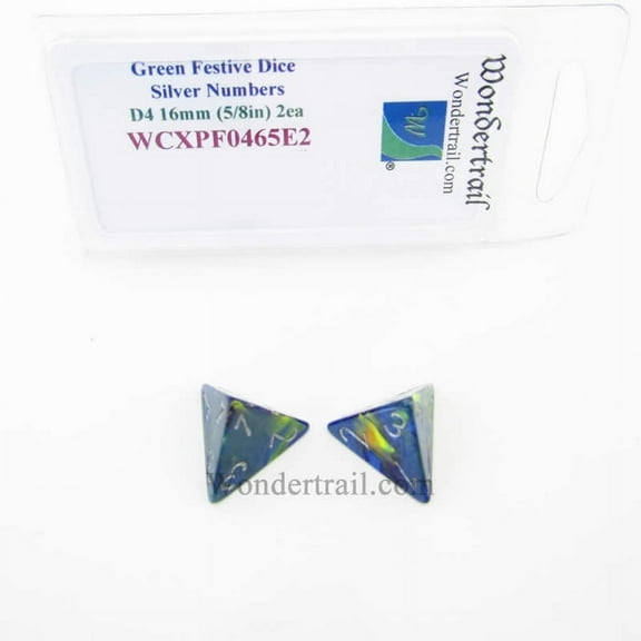 Green Festive Dice with Silver Numbers D4 Aprox 16mm (5/8in) Pack of 2 Wondertrail