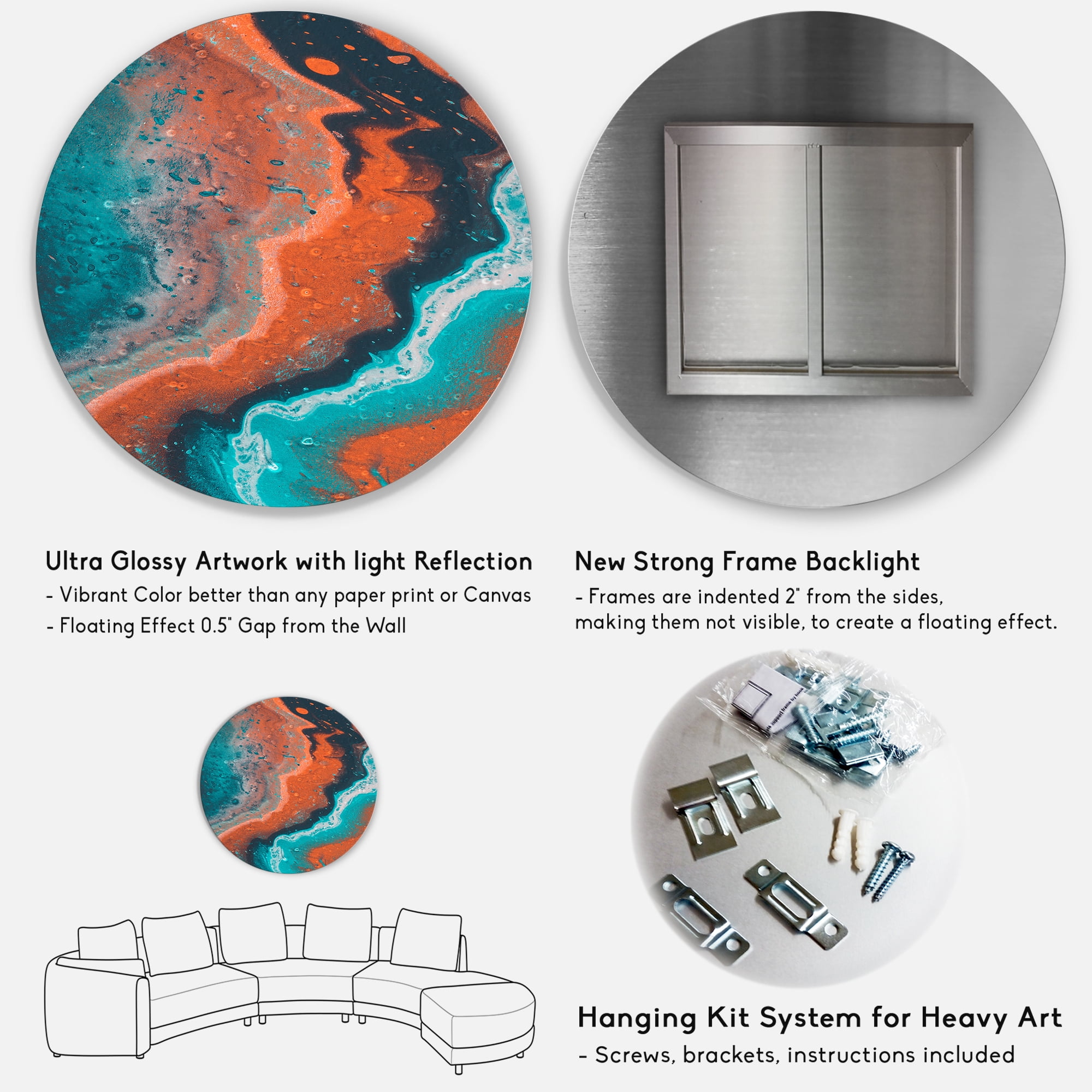 Designart 'Abstract Marble Composition In Orange and Blue I' Modern Circle Metal Wall Art 36x36 - Disc of 36