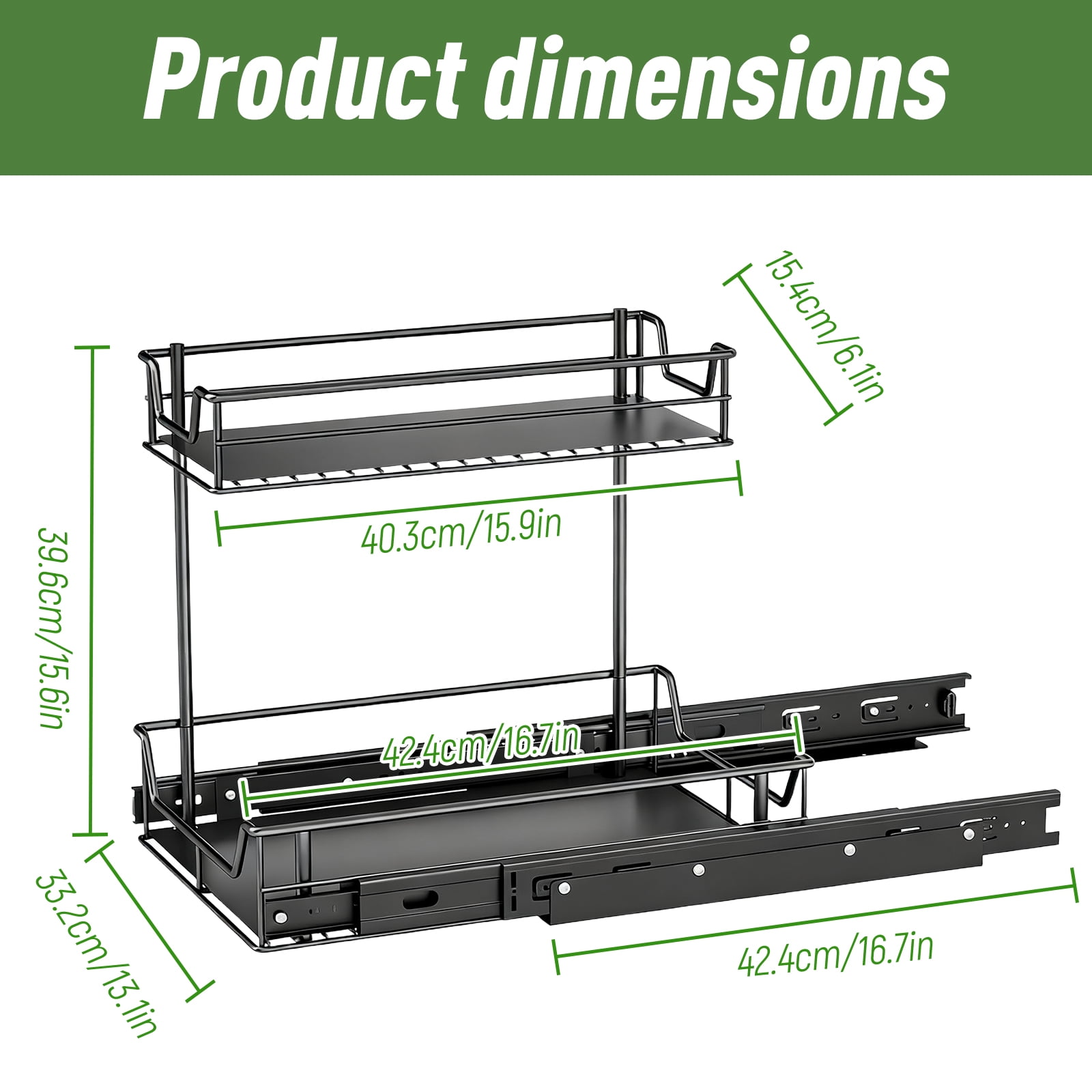 Heavy Duty Under Sink Organizer, Pull Out Cabinet Organizer for KItchen Bathroom, 2 Tier Kitchen Sink Organizer and Storage, Fully Extendable, Large-sized, 16.7"D x 13.1"W x 15.6"H