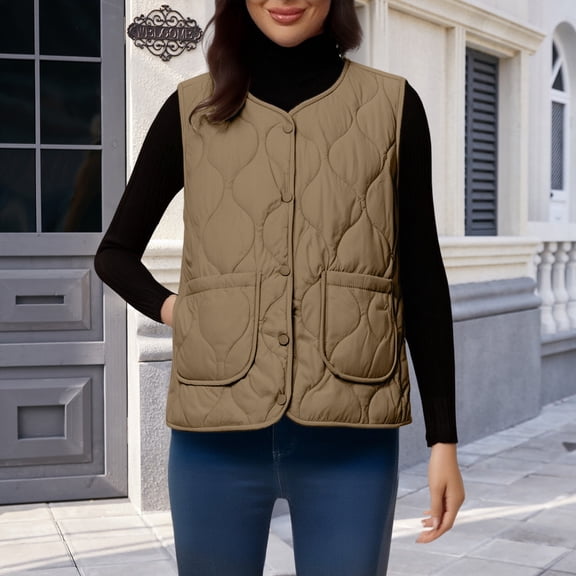 WNEGSTG Winter Jackets For Women Puffer Vest Quilted Hooded Button Down Sleeveless Casual Zip Up Padded Jacket Brown Xxl-5Xl