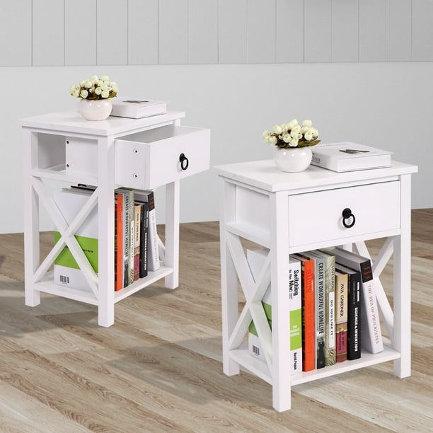 Jaxpety 2 Pcs Nightstand Table X Design Sofa End Side Table Wood Storage Shelf W 1 Drawer White Finish Walmart Com Walmart Com