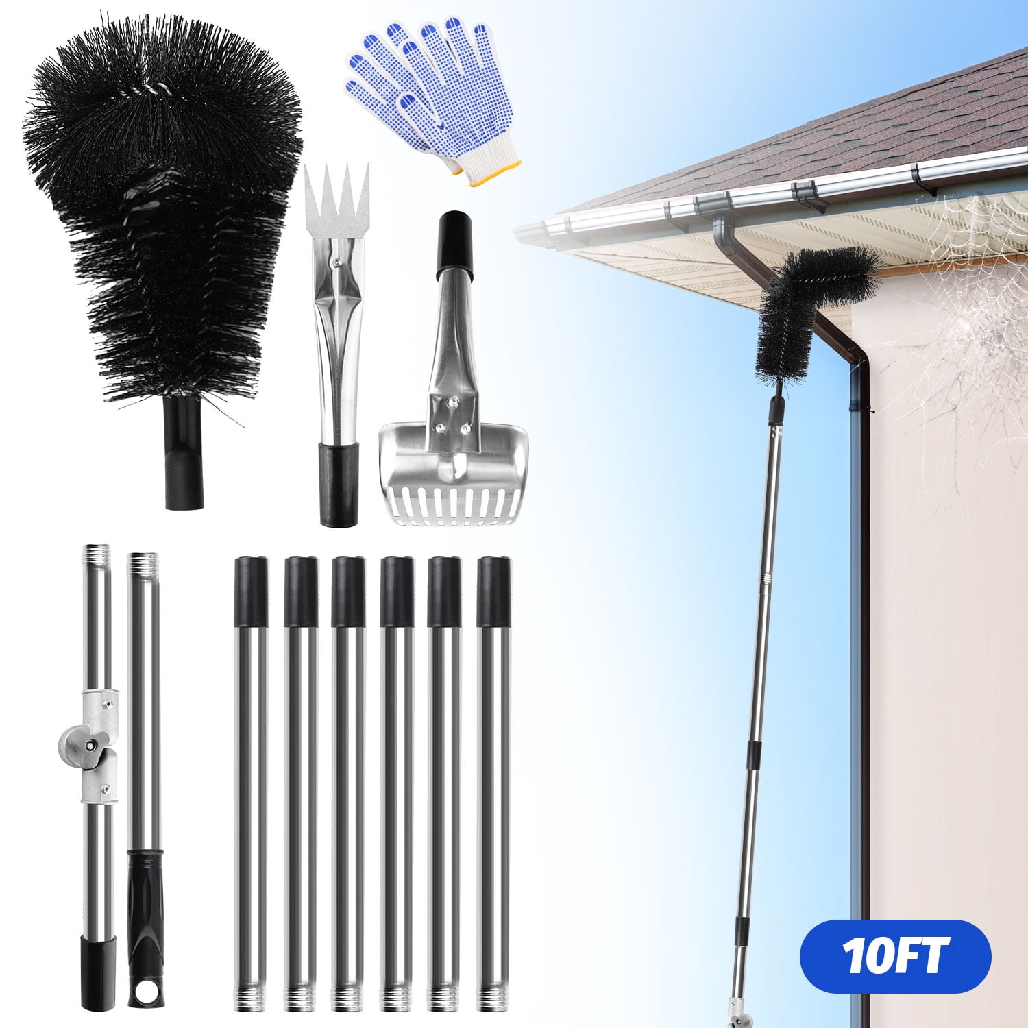 ASKITO 10.5FT Gutter Cleaning Tools from the Ground, Adjustable Length Gutter Cleaning Pole with Gutter Scoop, Gutter Brush, Gutter Rake for Leaves & Debris Cleaning
